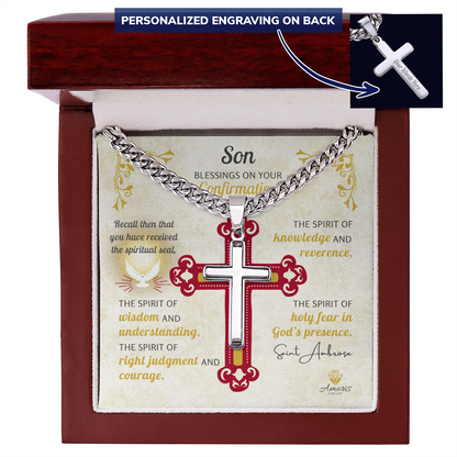 Son Blessings On Your Confirmation Personalized Cross Necklace with Saint Ambrose Quote