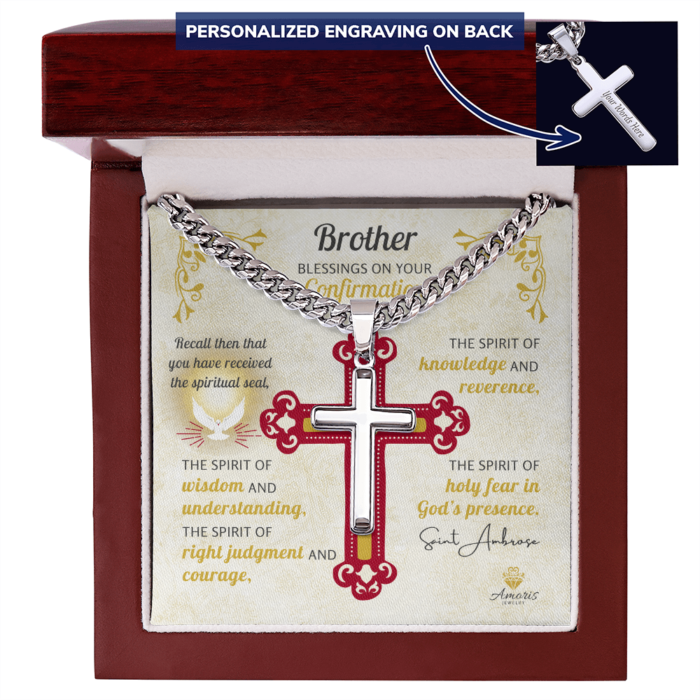 Brother Blessings On Your Confirmation Personalized Cross Necklace with Saint Ambrose Quote