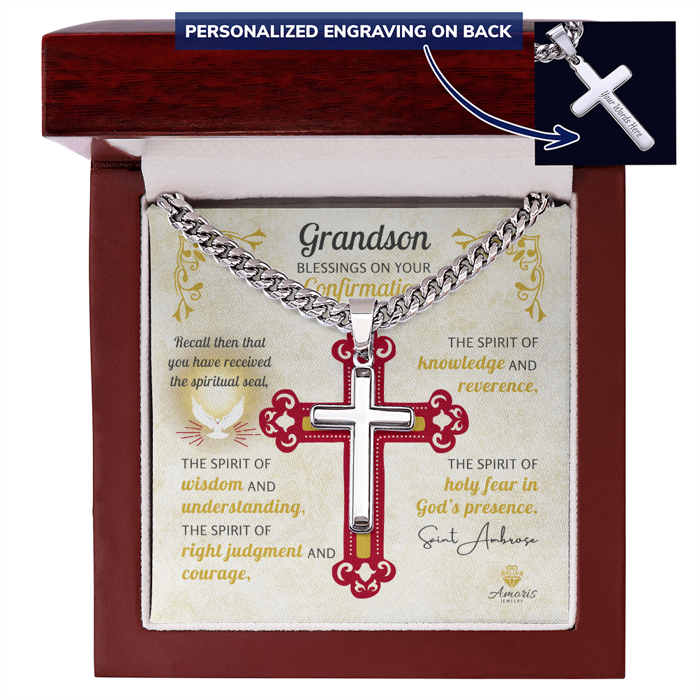 Grandson Blessings On Your Confirmation Personalized Cross Necklace with Saint Ambrose Quote