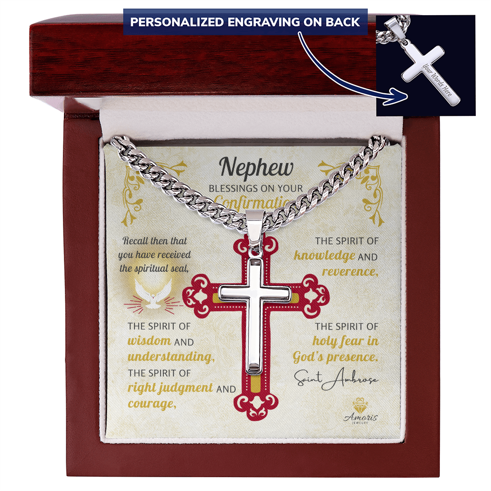 Nephew Blessings On Your Confirmation Personalized Cross Necklace with Saint Ambrose Quote