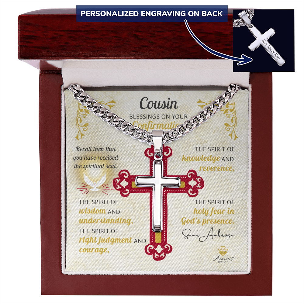 Cousin Blessings On Your Confirmation Personalized Cross Necklace with Saint Ambrose Quote