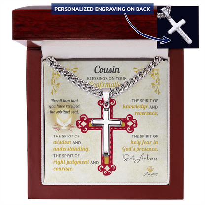 Cousin Blessings On Your Confirmation Personalized Cross Necklace with Saint Ambrose Quote