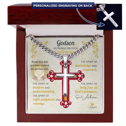 Godson Blessings On Your Confirmation Personalized Cross Necklace with Saint Ambrose Quote