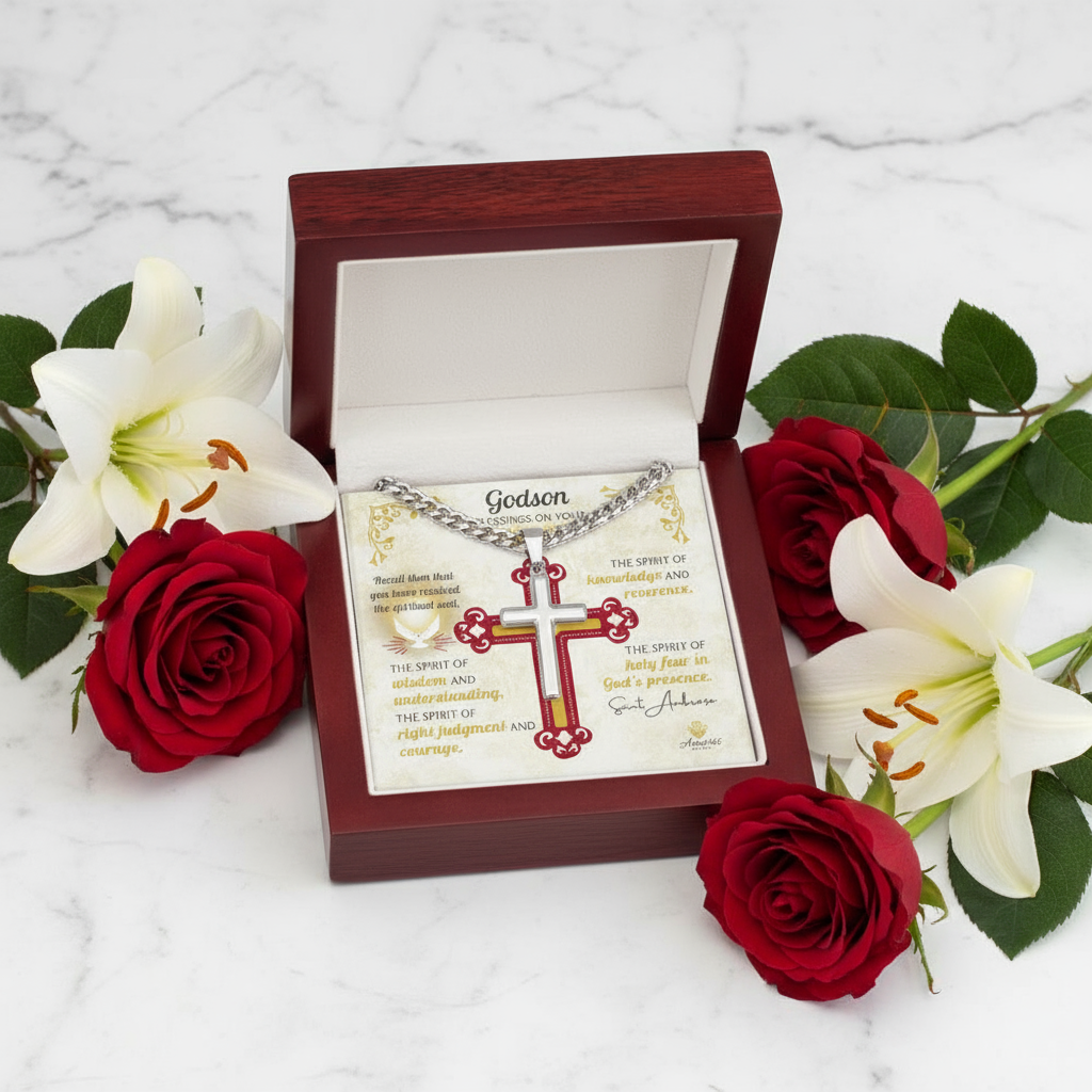 Godson Blessings On Your Confirmation Personalized Cross Necklace with Saint Ambrose Quote