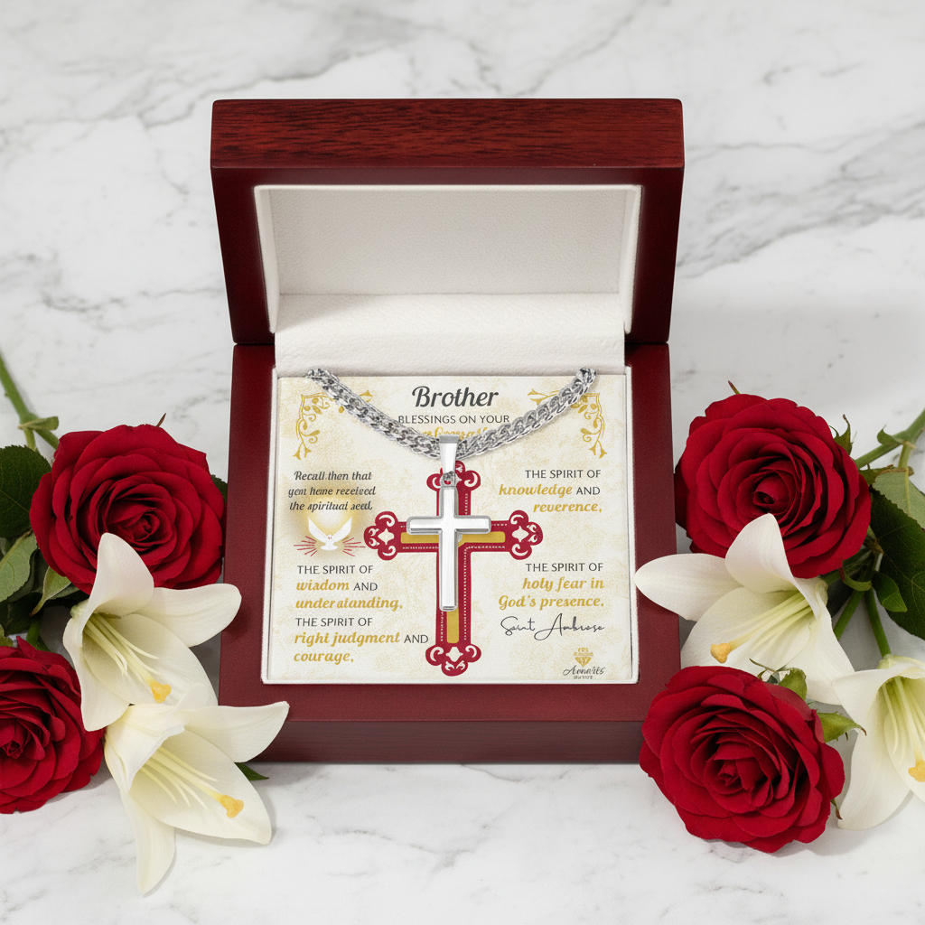 Brother Blessings On Your Confirmation Personalized Cross Necklace with Saint Ambrose Quote