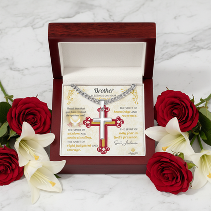 Brother Blessings On Your Confirmation Personalized Cross Necklace with Saint Ambrose Quote