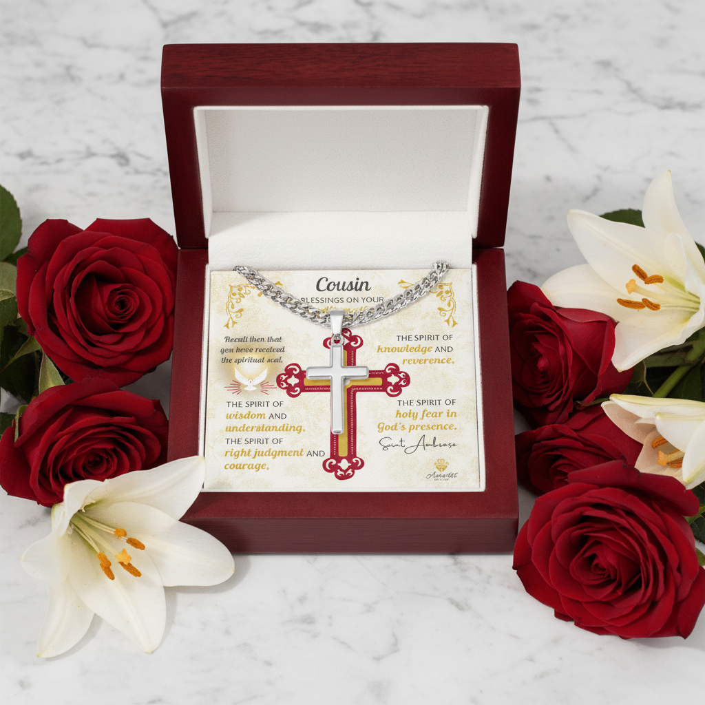 Cousin Blessings On Your Confirmation Personalized Cross Necklace with Saint Ambrose Quote