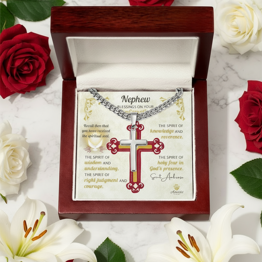 Nephew Blessings On Your Confirmation Personalized Cross Necklace with Saint Ambrose Quote