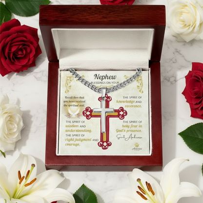 Nephew Blessings On Your Confirmation Personalized Cross Necklace with Saint Ambrose Quote