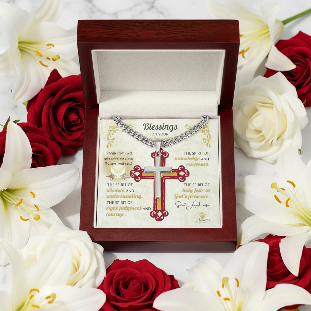 Blessings On Your Confirmation Personalized Cross Necklace with Saint Ambrose Quote