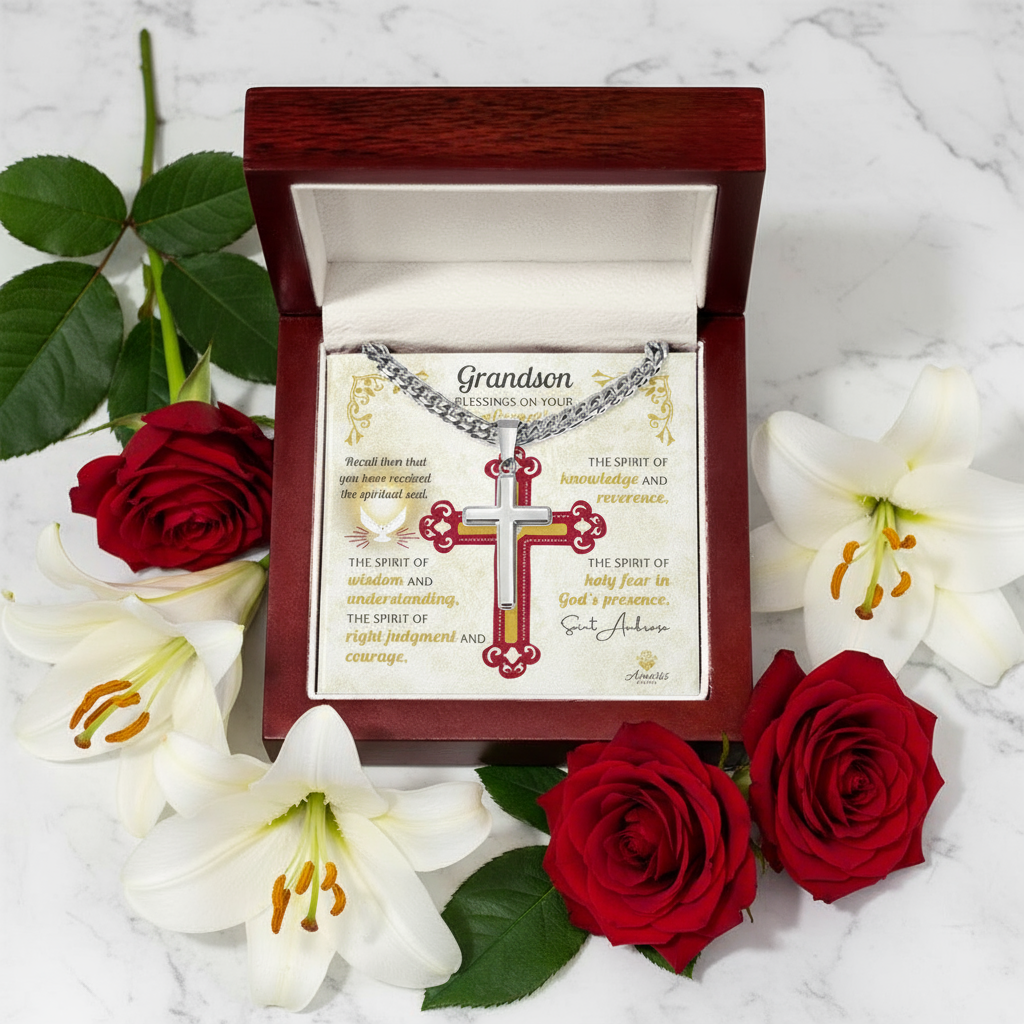 Grandson Blessings On Your Confirmation Personalized Cross Necklace with Saint Ambrose Quote
