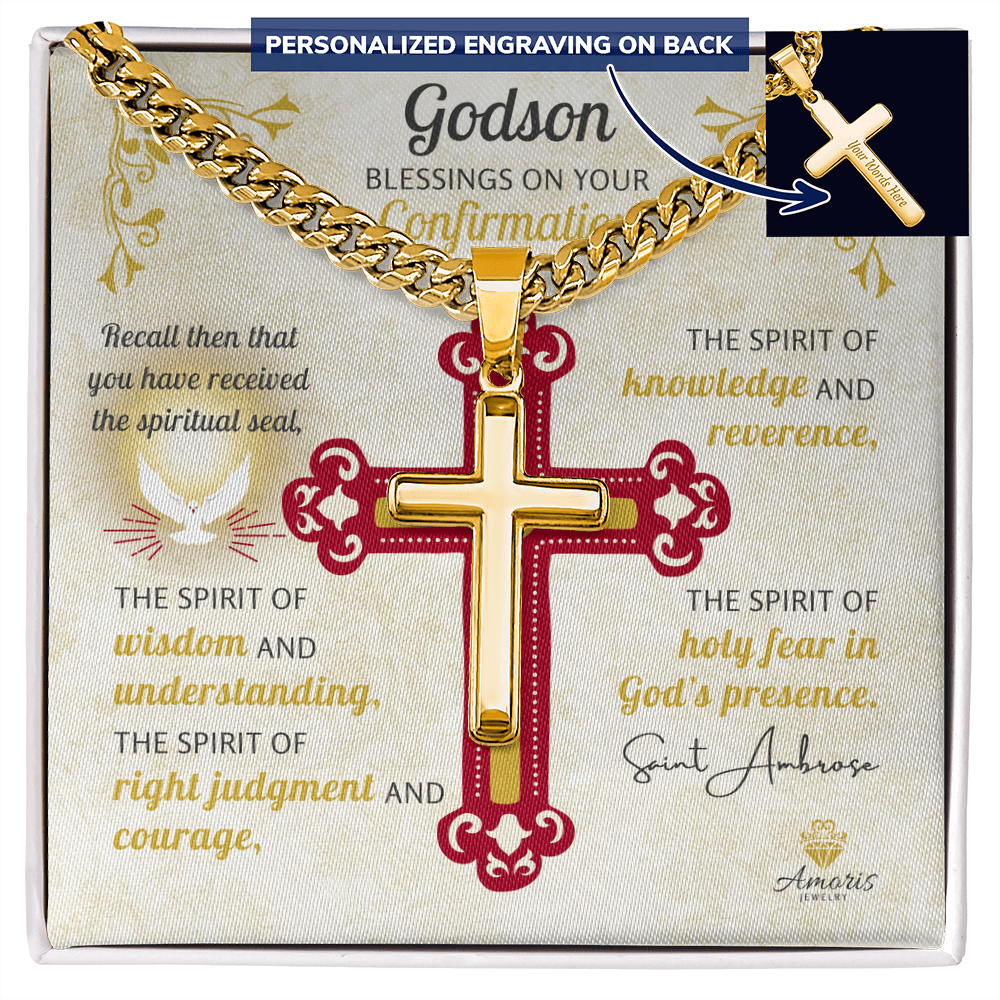 Godson Blessings On Your Confirmation Personalized Cross Necklace with Saint Ambrose Quote