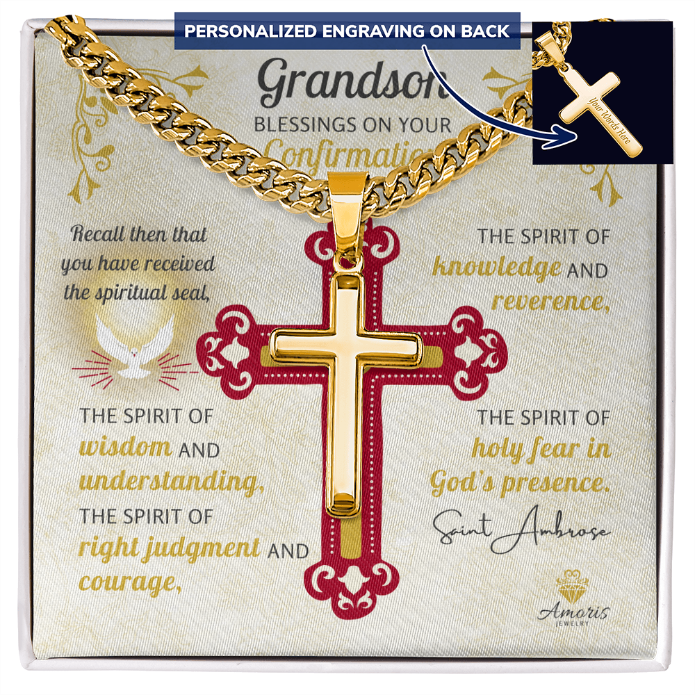 Grandson Blessings On Your Confirmation Personalized Cross Necklace with Saint Ambrose Quote