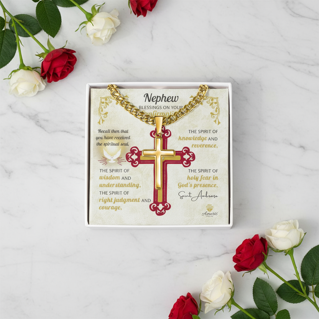 Nephew Blessings On Your Confirmation Personalized Cross Necklace with Saint Ambrose Quote