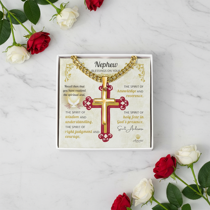 Nephew Blessings On Your Confirmation Personalized Cross Necklace with Saint Ambrose Quote