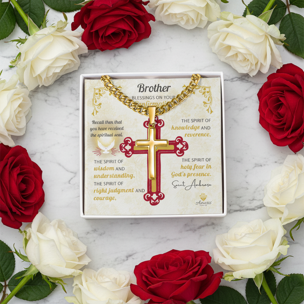 Brother Blessings On Your Confirmation Personalized Cross Necklace with Saint Ambrose Quote