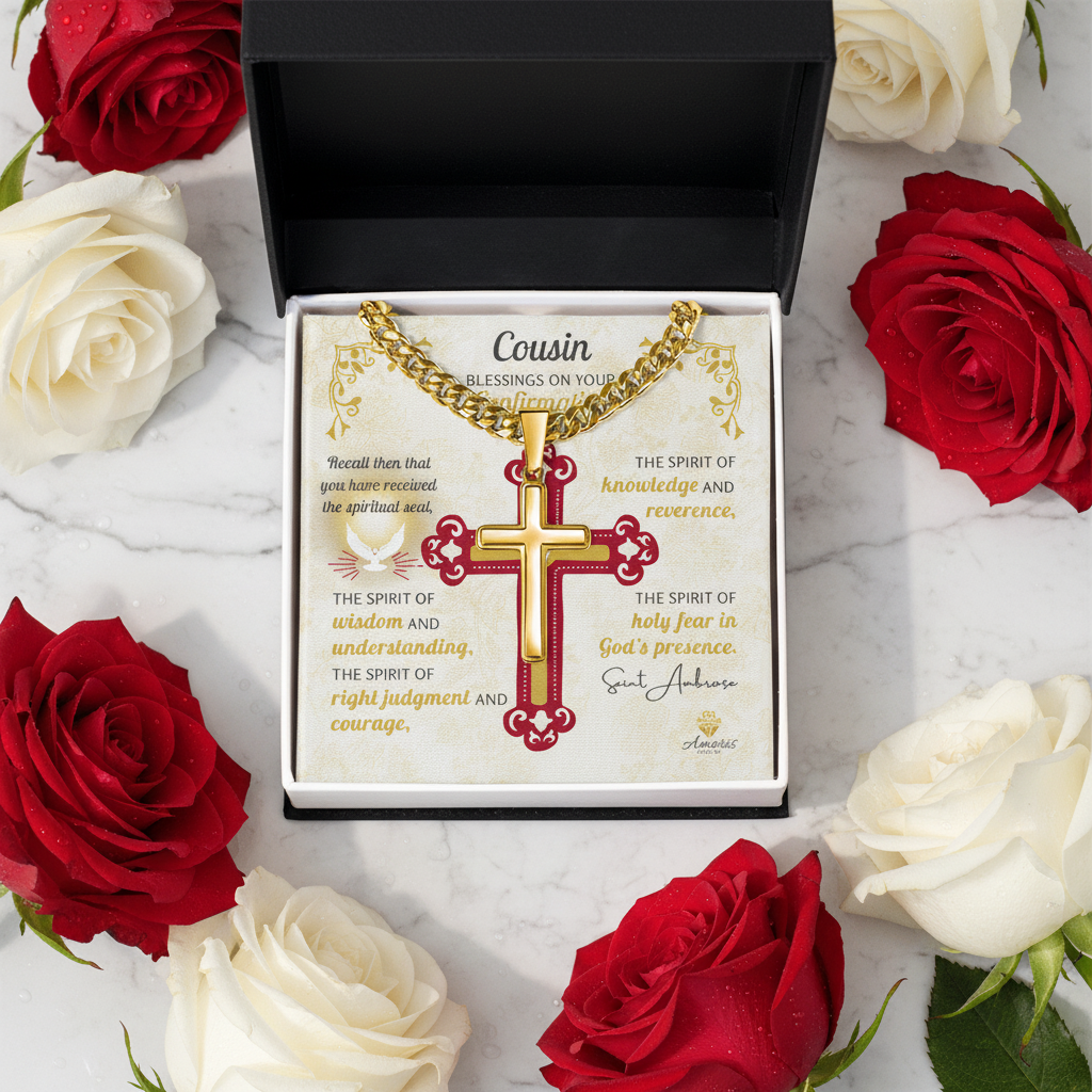 Cousin Blessings On Your Confirmation Personalized Cross Necklace with Saint Ambrose Quote