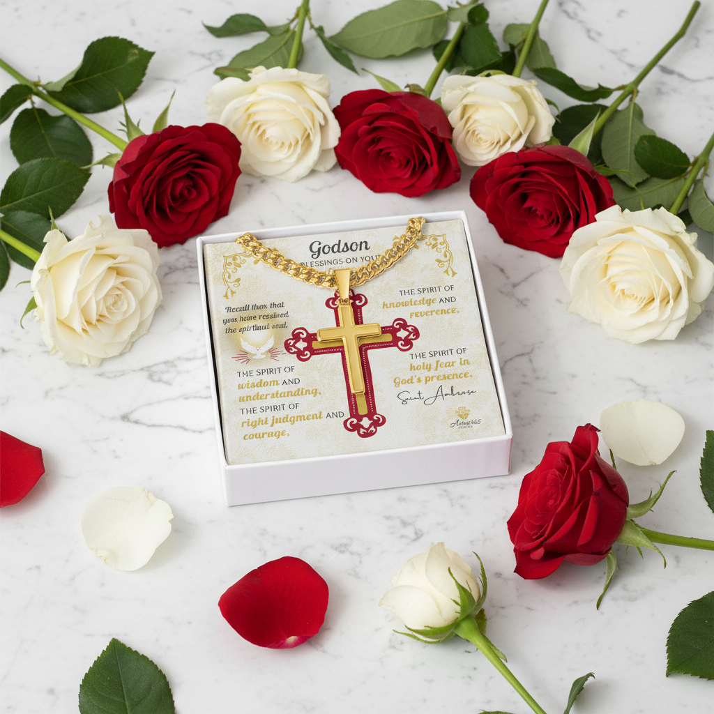 Godson Blessings On Your Confirmation Personalized Cross Necklace with Saint Ambrose Quote
