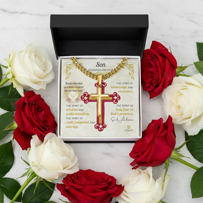 Son Blessings On Your Confirmation Personalized Cross Necklace with Saint Ambrose Quote