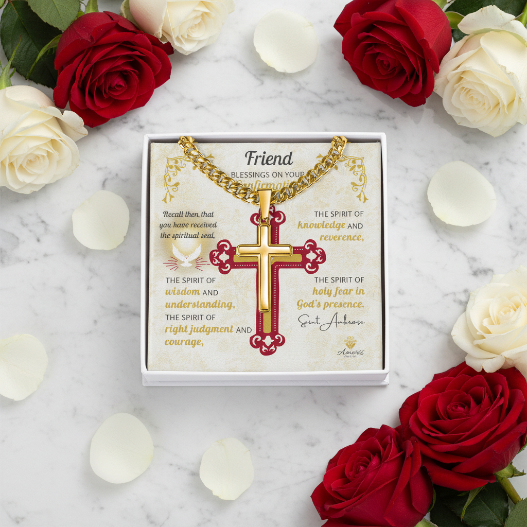 Friend Blessings On Your Confirmation Personalized Cross Necklace with Saint Ambrose Quote