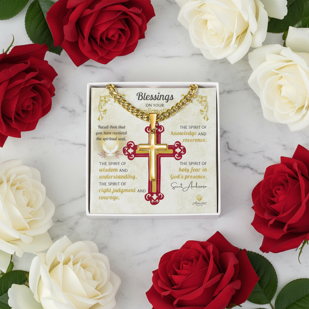 Blessings On Your Confirmation Personalized Cross Necklace with Saint Ambrose Quote