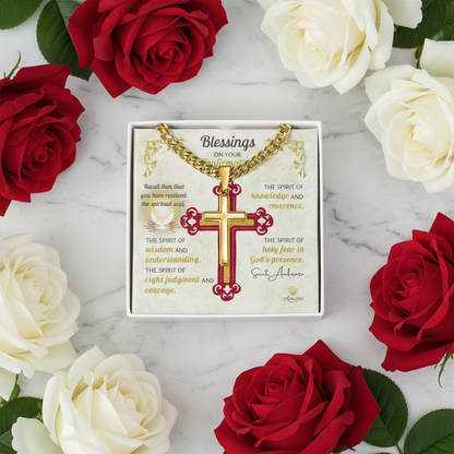 Blessings On Your Confirmation Personalized Cross Necklace with Saint Ambrose Quote