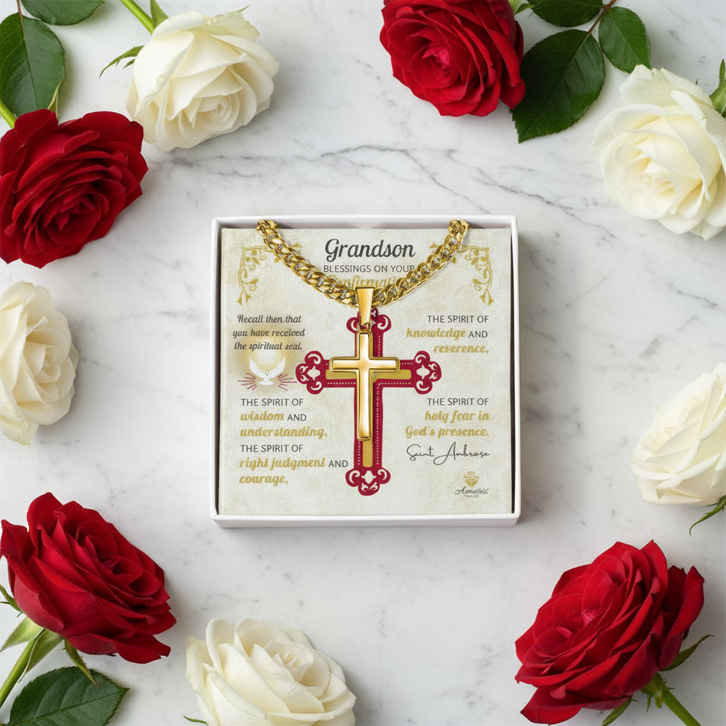 Grandson Blessings On Your Confirmation Personalized Cross Necklace with Saint Ambrose Quote
