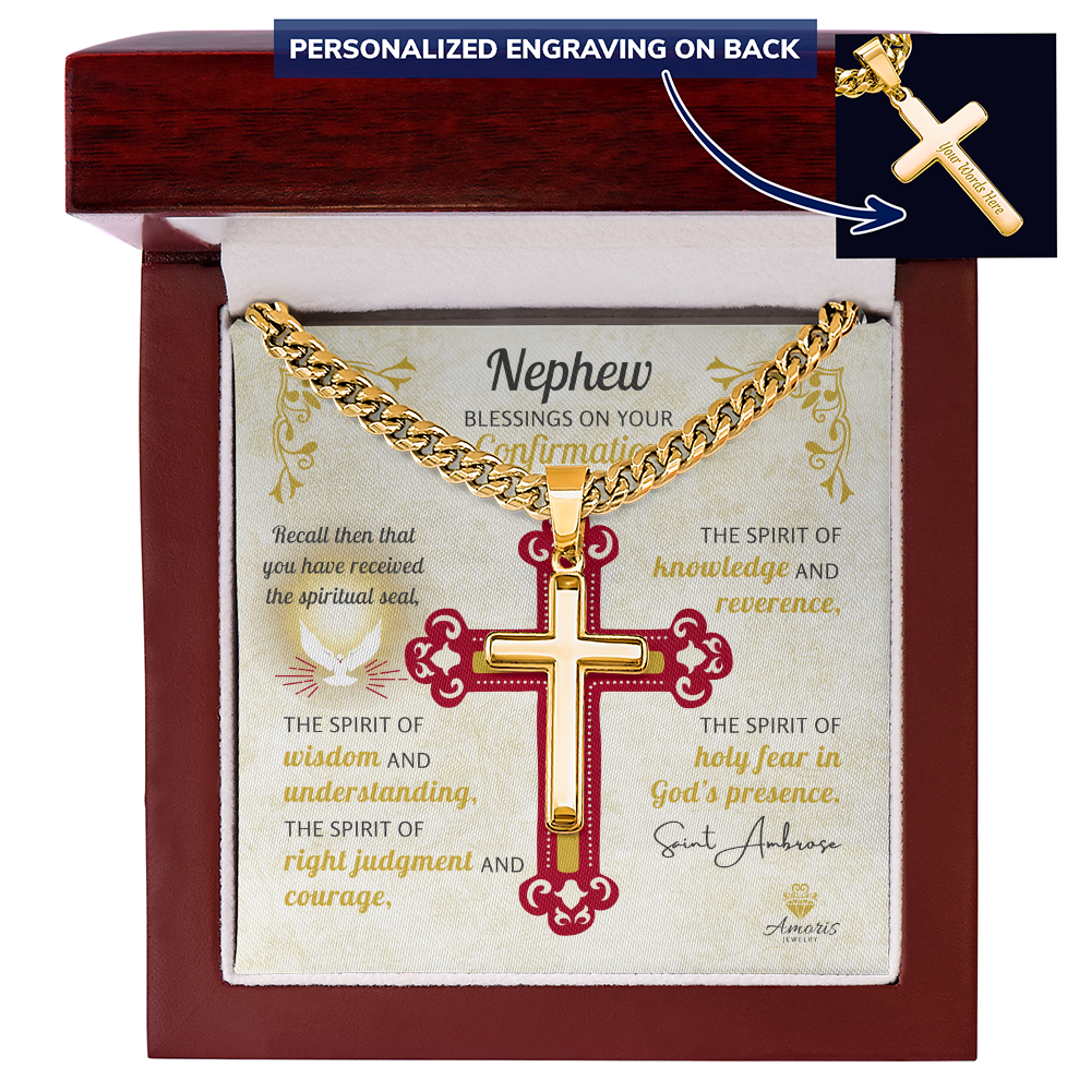 Nephew Blessings On Your Confirmation Personalized Cross Necklace with Saint Ambrose Quote