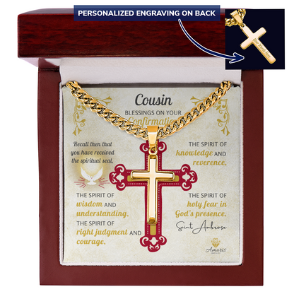 Cousin Blessings On Your Confirmation Personalized Cross Necklace with Saint Ambrose Quote