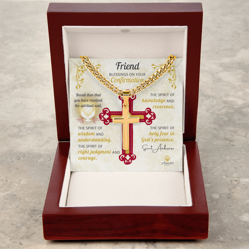 Friend Blessings On Your Confirmation Personalized Cross Necklace with Saint Ambrose Quote