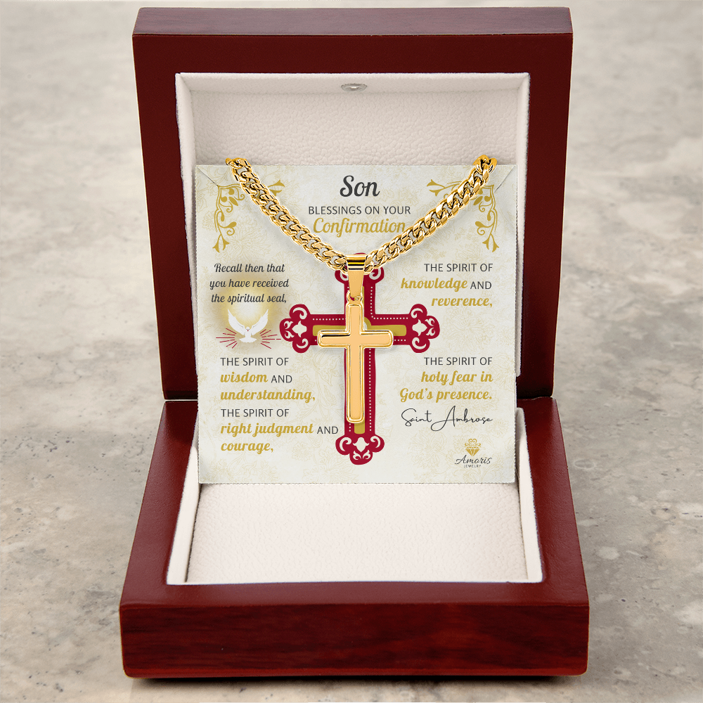 Son Blessings On Your Confirmation Personalized Cross Necklace with Saint Ambrose Quote