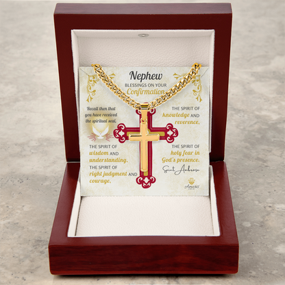 Nephew Blessings On Your Confirmation Personalized Cross Necklace with Saint Ambrose Quote