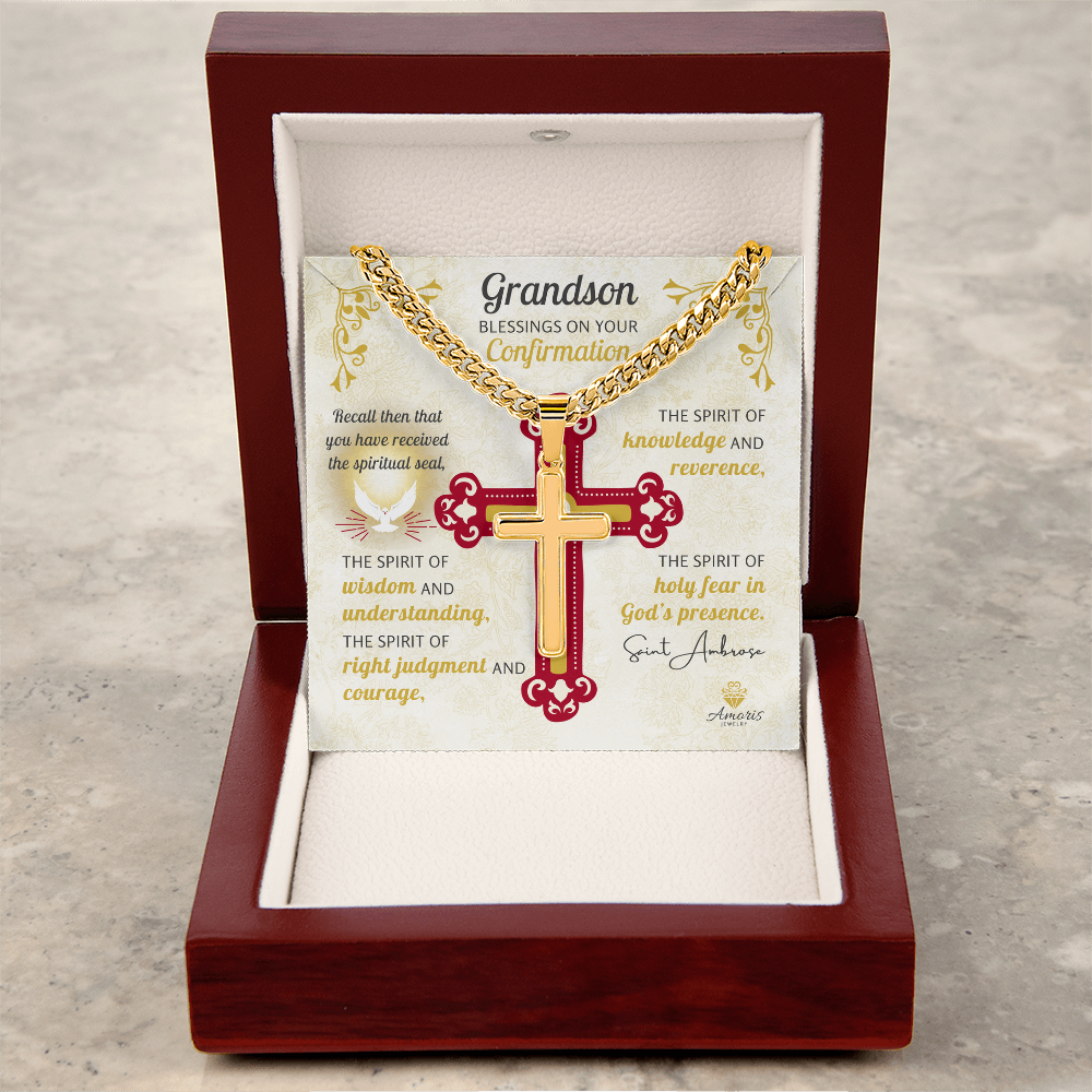 Grandson Blessings On Your Confirmation Personalized Cross Necklace with Saint Ambrose Quote