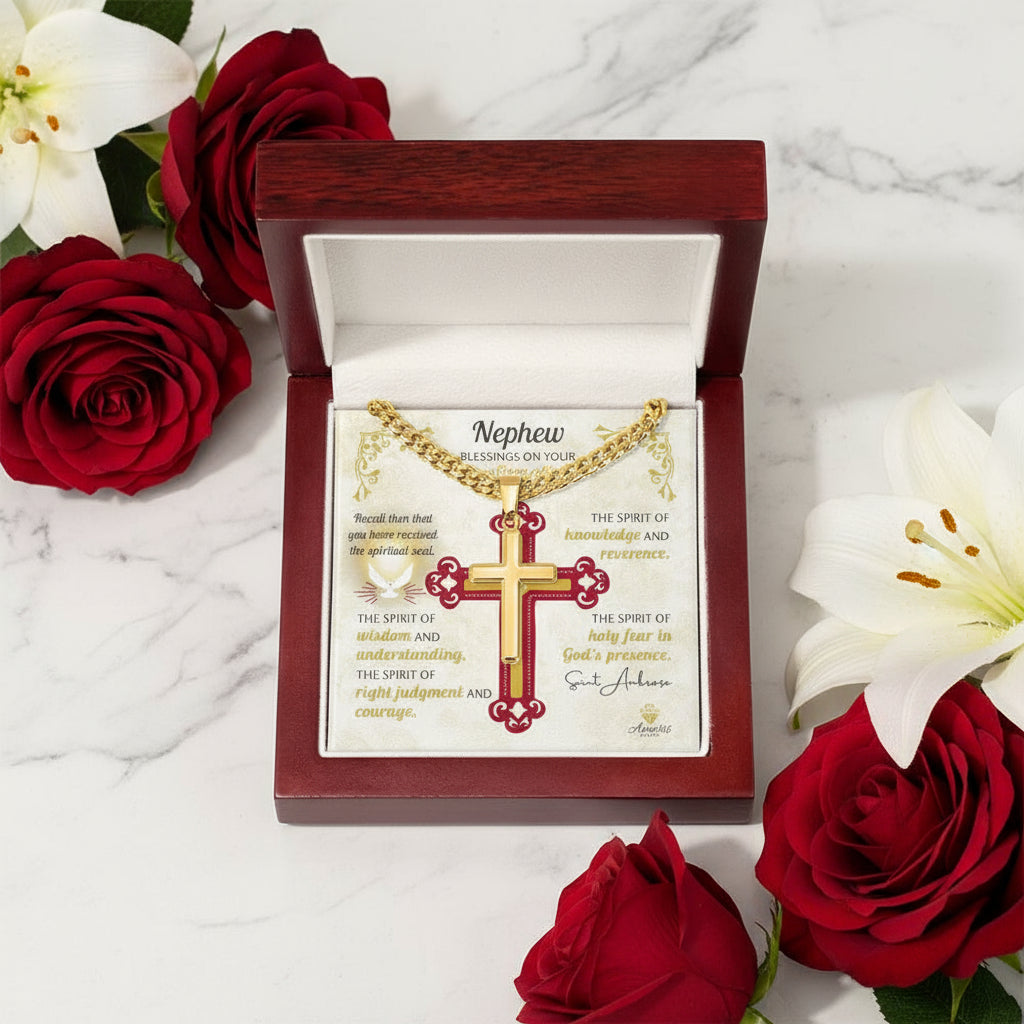 Nephew Blessings On Your Confirmation Personalized Cross Necklace with Saint Ambrose Quote