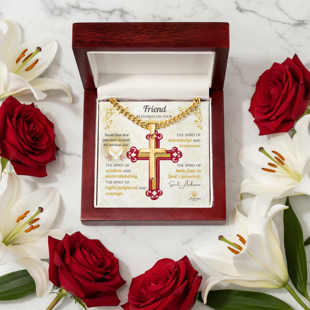 Friend Blessings On Your Confirmation Personalized Cross Necklace with Saint Ambrose Quote