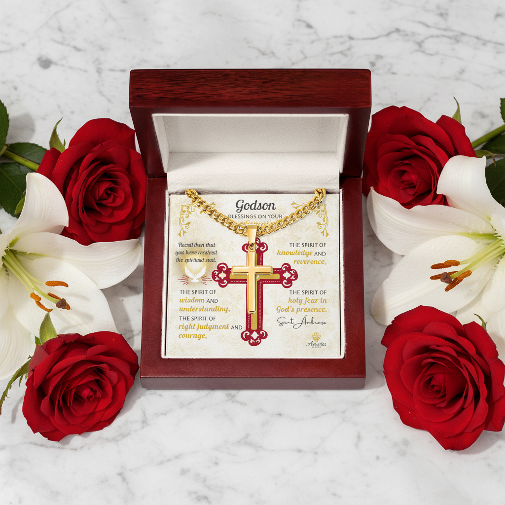Godson Blessings On Your Confirmation Personalized Cross Necklace with Saint Ambrose Quote
