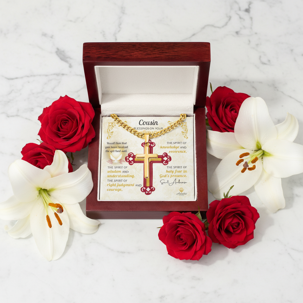 Cousin Blessings On Your Confirmation Personalized Cross Necklace with Saint Ambrose Quote