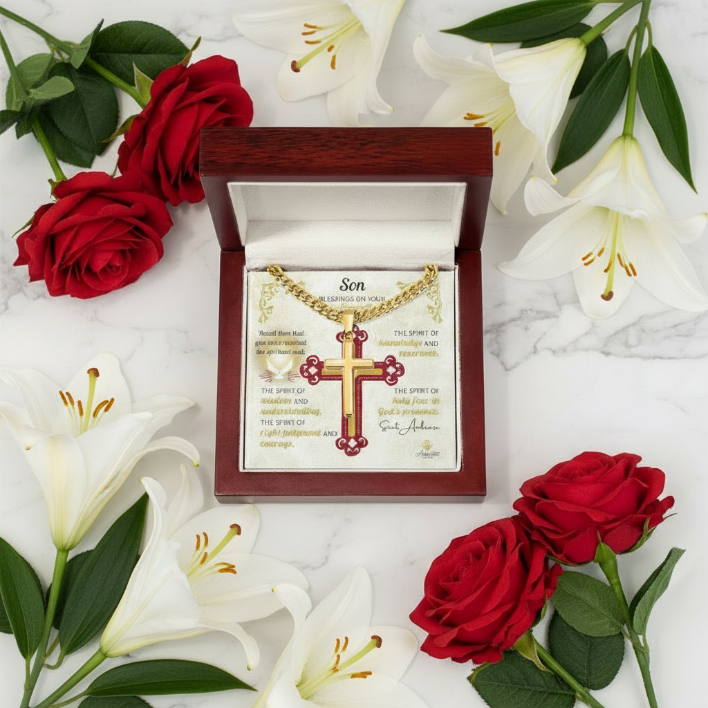 Son Blessings On Your Confirmation Personalized Cross Necklace with Saint Ambrose Quote