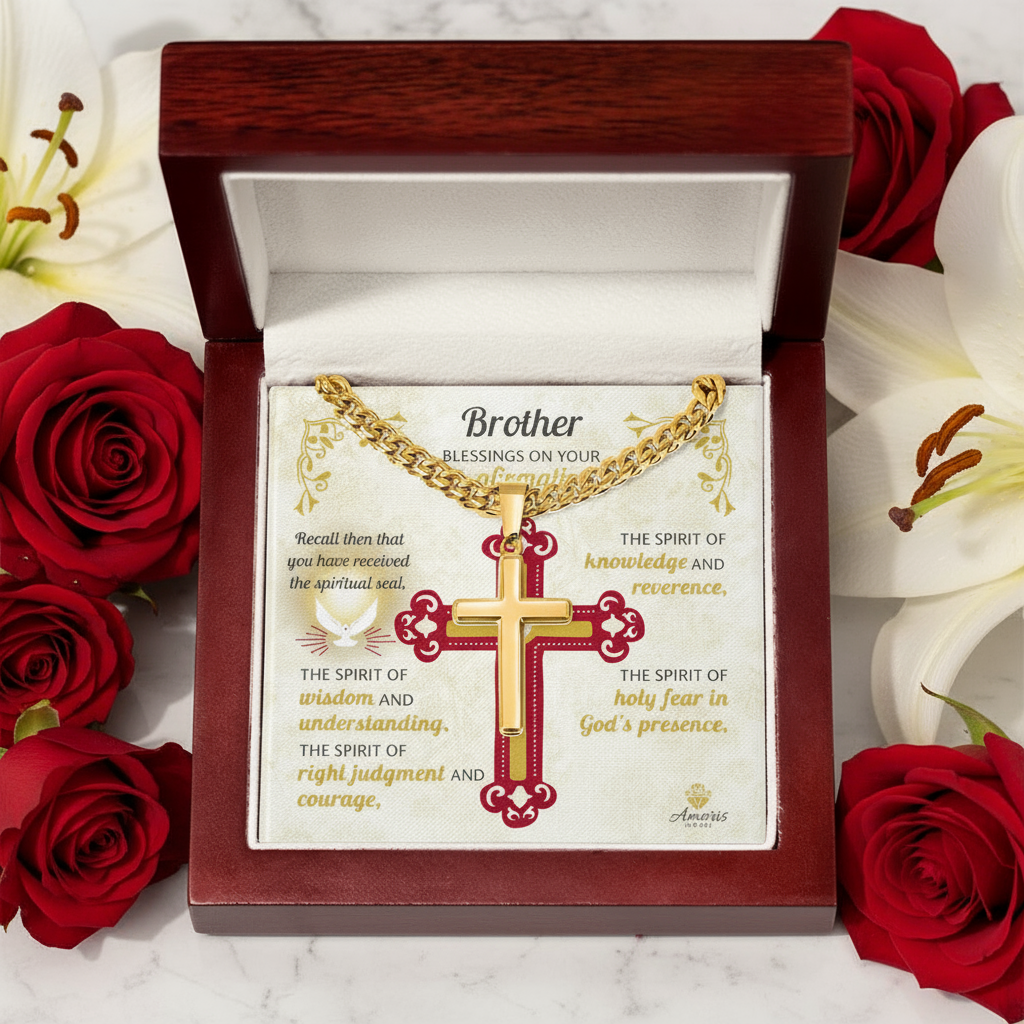 Brother Blessings On Your Confirmation Personalized Cross Necklace with Saint Ambrose Quote