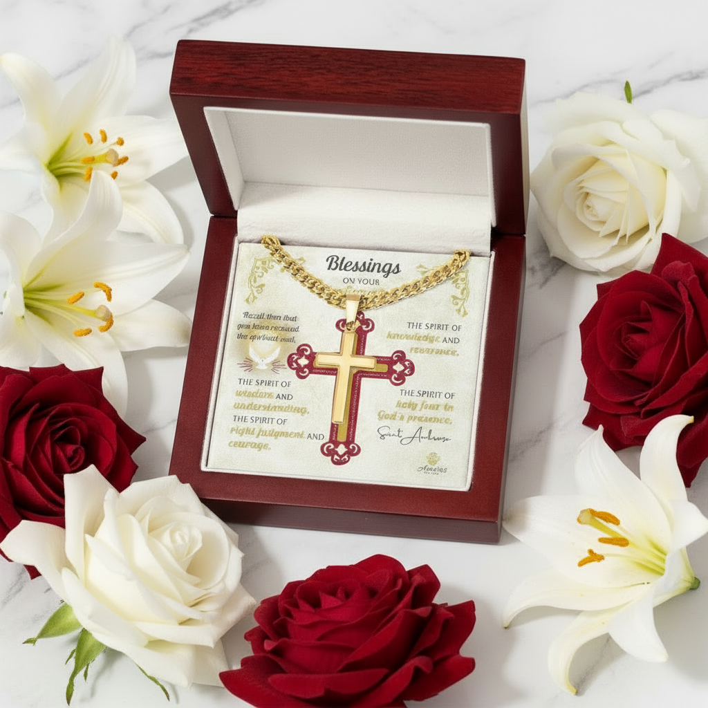 Blessings On Your Confirmation Personalized Cross Necklace with Saint Ambrose Quote