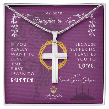 My Dear Daughter-in-Law Cross Necklace with Saint Gemma Galgani Quote