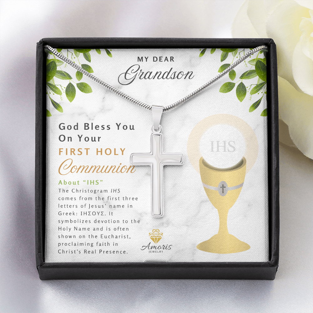 Grandson First Holy Communion Personalized Cross Necklace