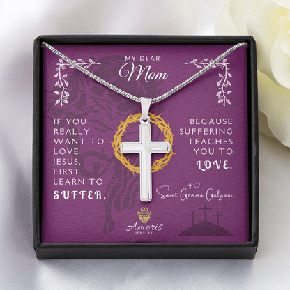 My Dear Mom Personalized Cross Necklace with Saint Gemma Galgani Quote