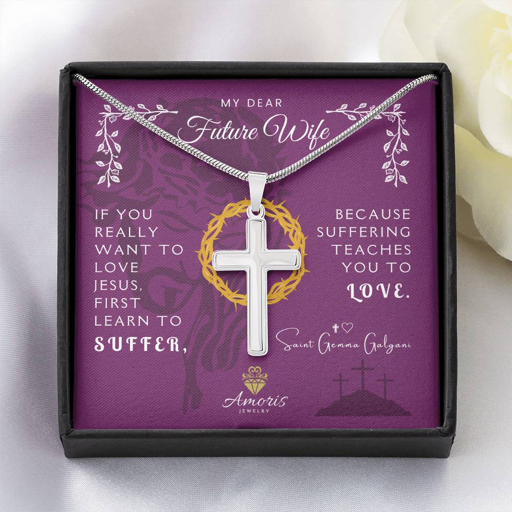 My Dear Future Wife Personalized Cross Necklace with Saint Gemma Galgani Quote