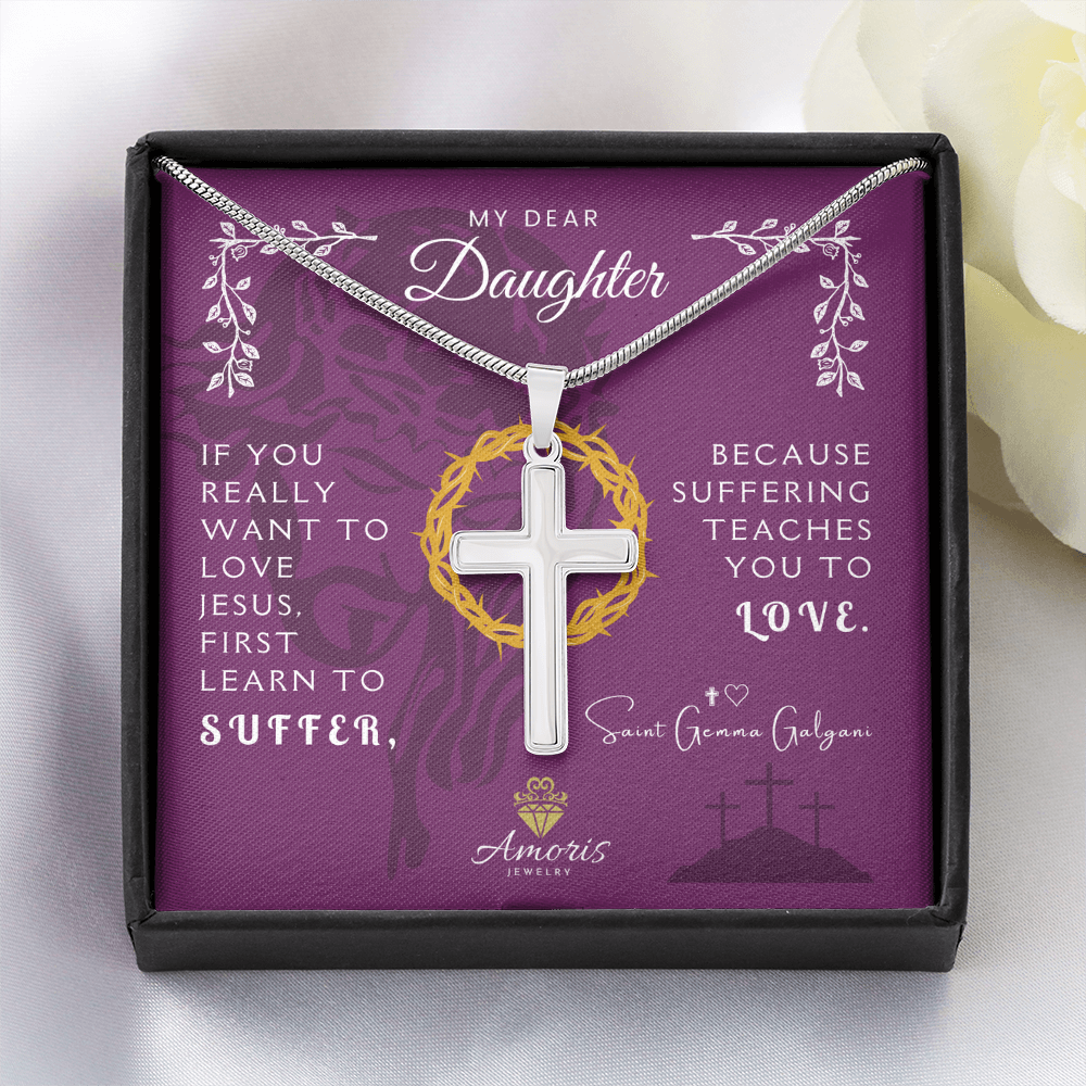 My Dear Daughter Personalized Cross Necklace with Saint Gemma Galgani Quote