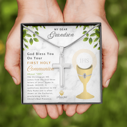 Grandson First Holy Communion Personalized Cross Necklace