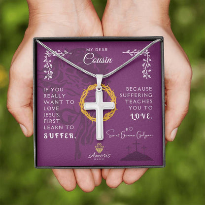 My Dear Cousin Personalized Cross Necklace with Saint Gemma Galgani Quote