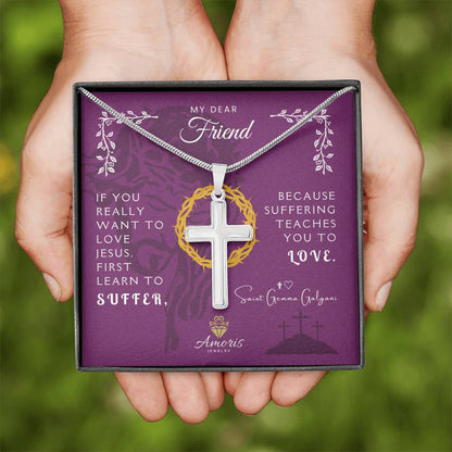 My Dear Friend Personalized Cross Necklace with Saint Gemma Galgani Quote