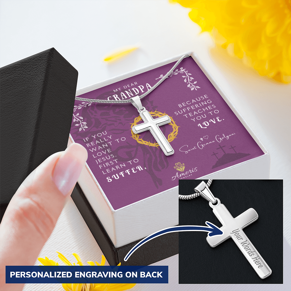 My Dear Grandpa Personalized Cross Necklace with Saint Gemma Galgani Quote