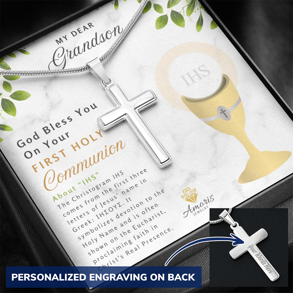 Grandson First Holy Communion Personalized Cross Necklace